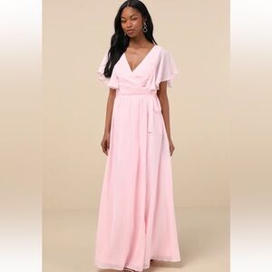 NWT Lulus Convincing Grace Light Blush Flutter Sleeve Wrap Maxi Dress